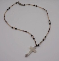 Marble Chain Rosary Necklace Cross Pendant - $24.74