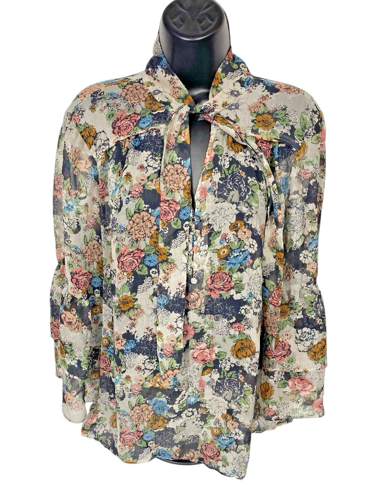Lauren Conrad Size XXL Tie Neck Tunic Top Floral Sheer Whimsigoth Flowy ... - $17.51