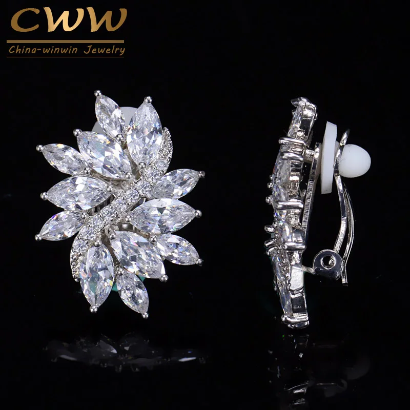 Classic Flower Shape CZ Stones Silver Color No Pierced Hole Ear Clip On Earrings - £18.15 GBP