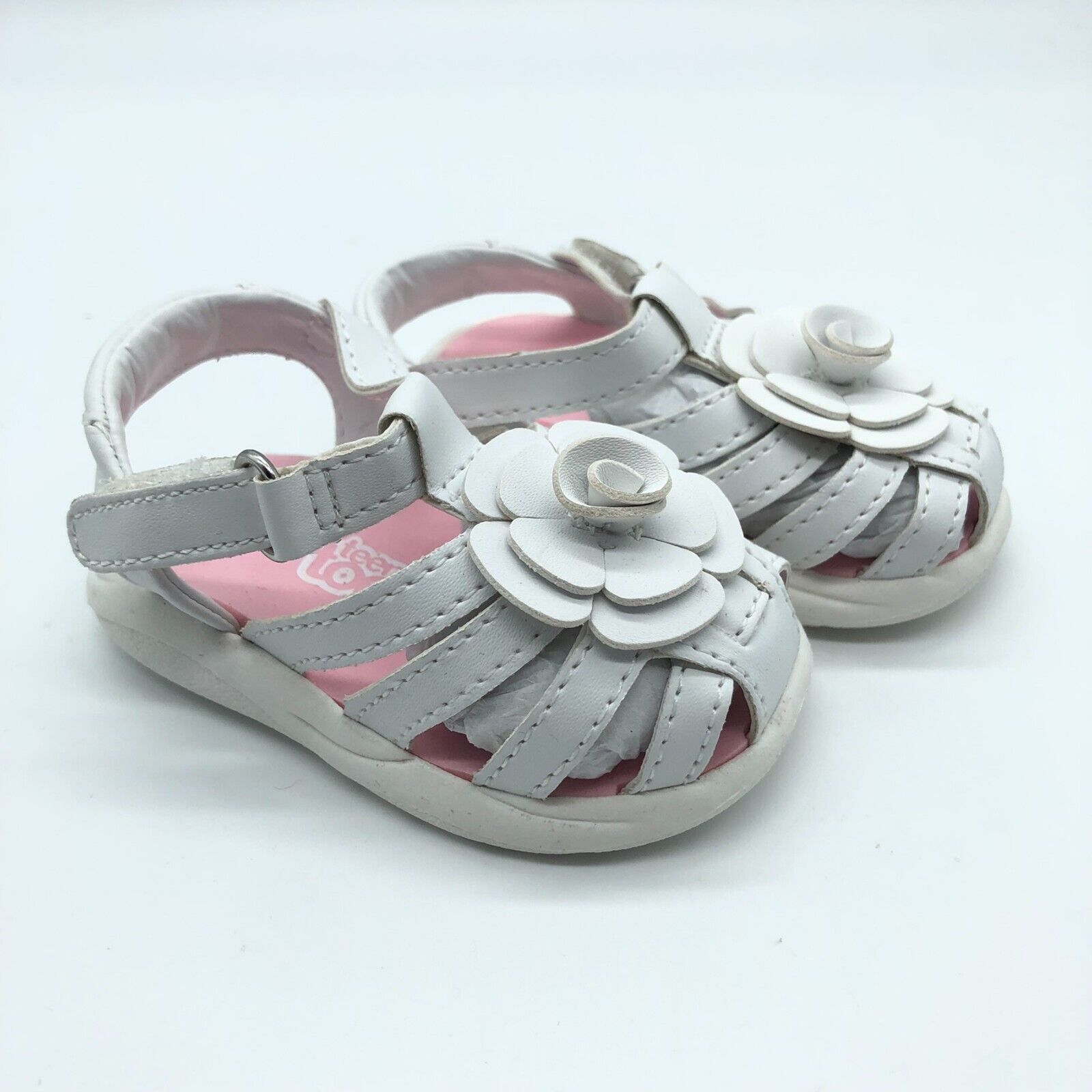 Teeny Toes Toddler Girls Sandals Strappy Faux Leather Floral Applique White 2W - $9.74