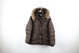 Vintage Tommy Hilfiger Womens Large Duck Down Hooded Winter Puffer Jacket Brown - £77.81 GBP