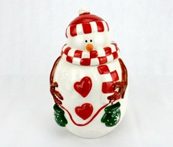 Vintage Porcelain Cookie Jar, Plump Snowman w/Red Checkered Hat &amp; Scarf - £27.31 GBP