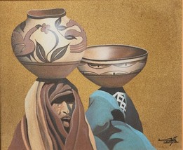 Signed Myung Mario Jung Two Native Pueblo Indian Women Pottery Sand Art Painting - £357.18 GBP