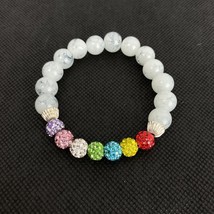 Moonstone Rainbow Beads Bracelet Silver Tone Rhinestones Handmade Boho - £19.97 GBP