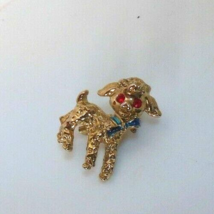Vintage Gold-Tone Lamb Brooch Red Rhinestone Eyes Blue Enamel Bow - $13.99
