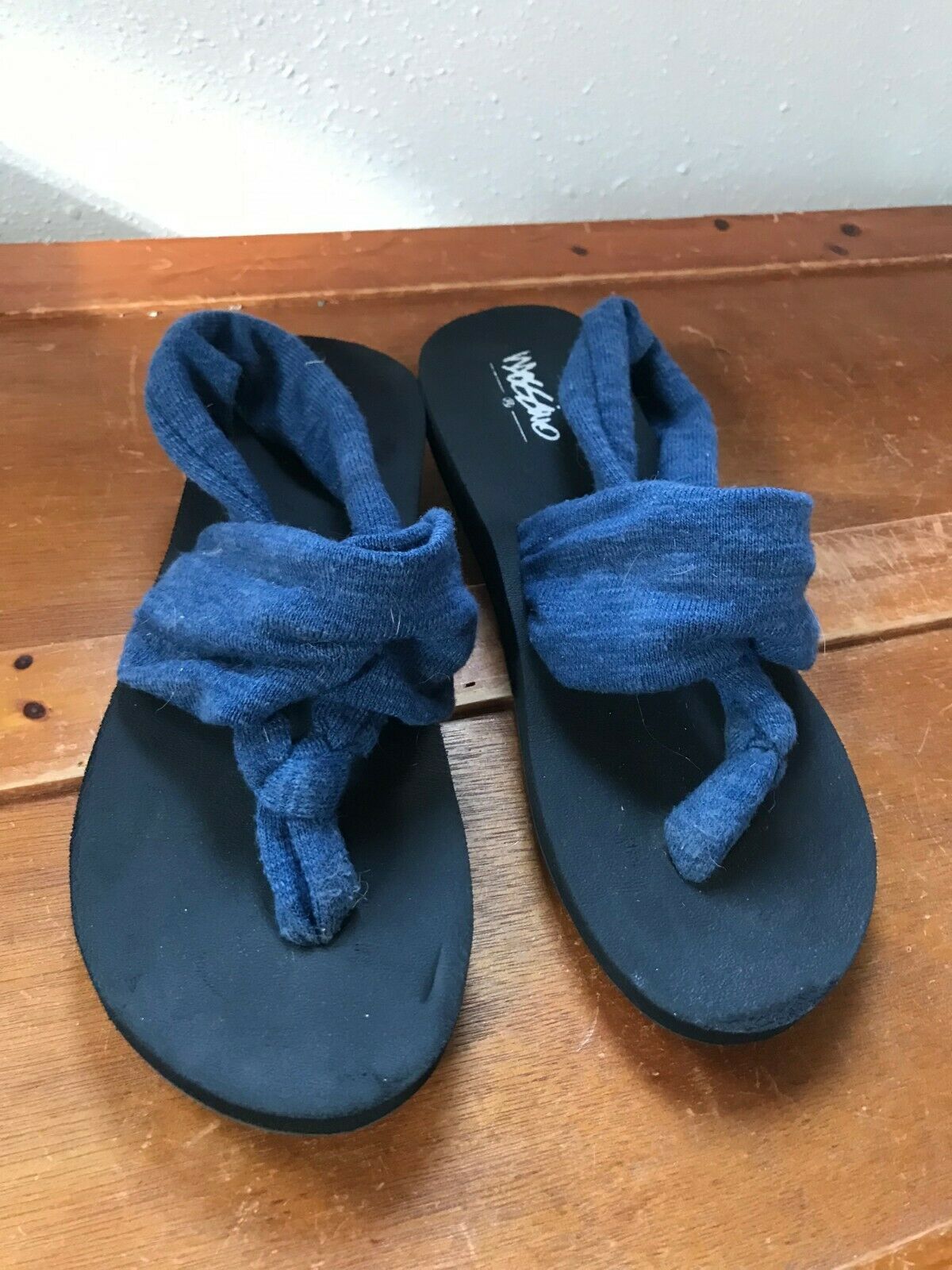 Gently Used Mossimo Stretchy Denim Blue Fabric Sandals with Black Rubber Soles  - $8.59