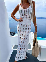 Women&#39;s Beach Style Knitted Hollow Solid Color Slim Sexy V-Neck Slit Dress - £25.93 GBP