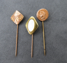 Lot 3 Antique Stick Pins Coin Mother of Pearl MOP Pressed Design Gold Tone - £22.01 GBP