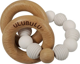 White Baby Teething Ring - Silicone Beads - Wooden Rings - Teether Toy for Baby - £10.38 GBP