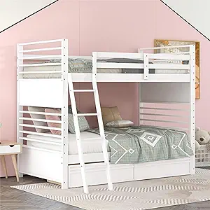 Merax Twin Over Twin Bunk Bed with 2 Storage Drawers and Safety Guardrai... - £495.18 GBP