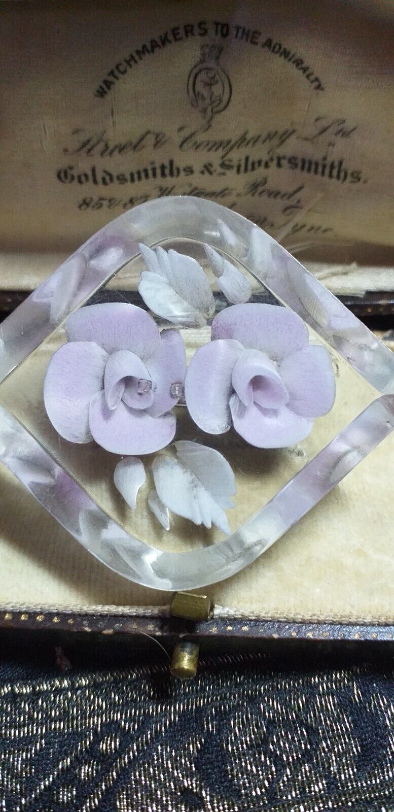 VINTAGE Pretty Clear Lilac &amp; Pale Green Reversed Carved Lucite Floral BR... - $38.68
