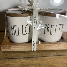 Rae Dunn &quot;HELLO PRETTY&quot; Cosmetic Ceramic Cellars  with Wooden Lids and Tray - £19.28 GBP