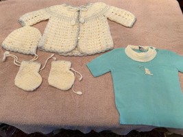 Hand-Made 100% Acrylic Baby Sweater, Cap, Booties And Factory-Made Shirt - £7.05 GBP