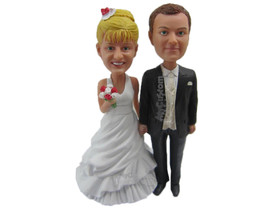 Custom Bobblehead Wedding Couple In Gorgeous Wedding Attire With Bride Holding A - £121.50 GBP