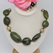 Large Green Serpentine Stone &amp; Gold Tone Beaded Choker Necklace Collar - $29.95