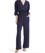 Fraiche By J Jumpsuit Smocked Waist Wide Leg Size Small Navy Surplice Po... - $449.03 MXN