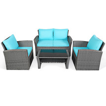 4Pcs Patio Rattan Furniture Set Sofa Table W/Storage Shelf Turquoise - £503.35 GBP