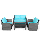 4Pcs Patio Rattan Furniture Set Sofa Table W/Storage Shelf Turquoise - £510.00 GBP