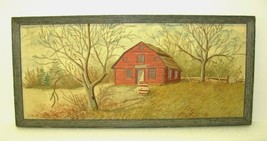 Vintage 1985 Framed Landscape Needle Work Art Barn House Field Hand Made 14&quot;x7&quot; - £25.59 GBP