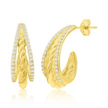 Sterling Silver, Triple Row CZ &amp; Twist Design Half Hoop Earrings - Gold Plated - £39.60 GBP