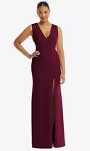 V-Neck Closed Back Crepe Trumpet Gown with Front Slit..TH111...Cabernet...Size 8 - £59.11 GBP
