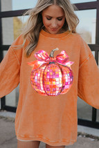 Orange Bow Pumpkin Graphic Crewneck Corded Thanksgiving Sweatshirt - $19.82