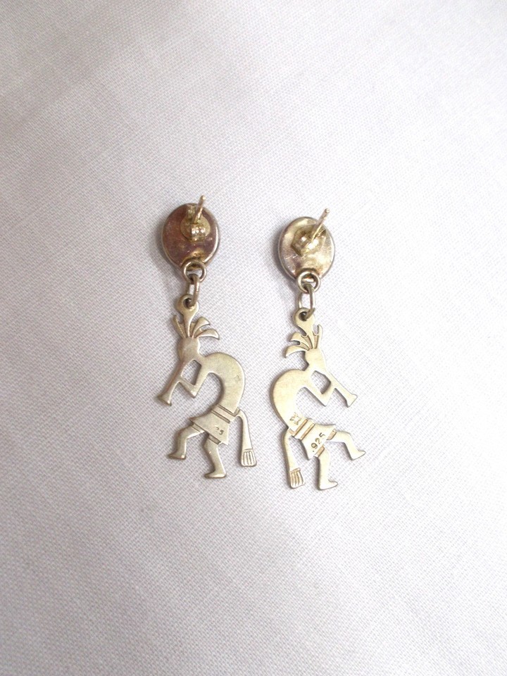 Signed Kokopelli Flute Player New Mexico Turquoise 925 Sterling Silver Earrings Item image 3