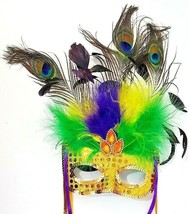 Delux Venetian Hand Held Mardi Gras Mask Sequined and Feathered NWOT - £16.16 GBP