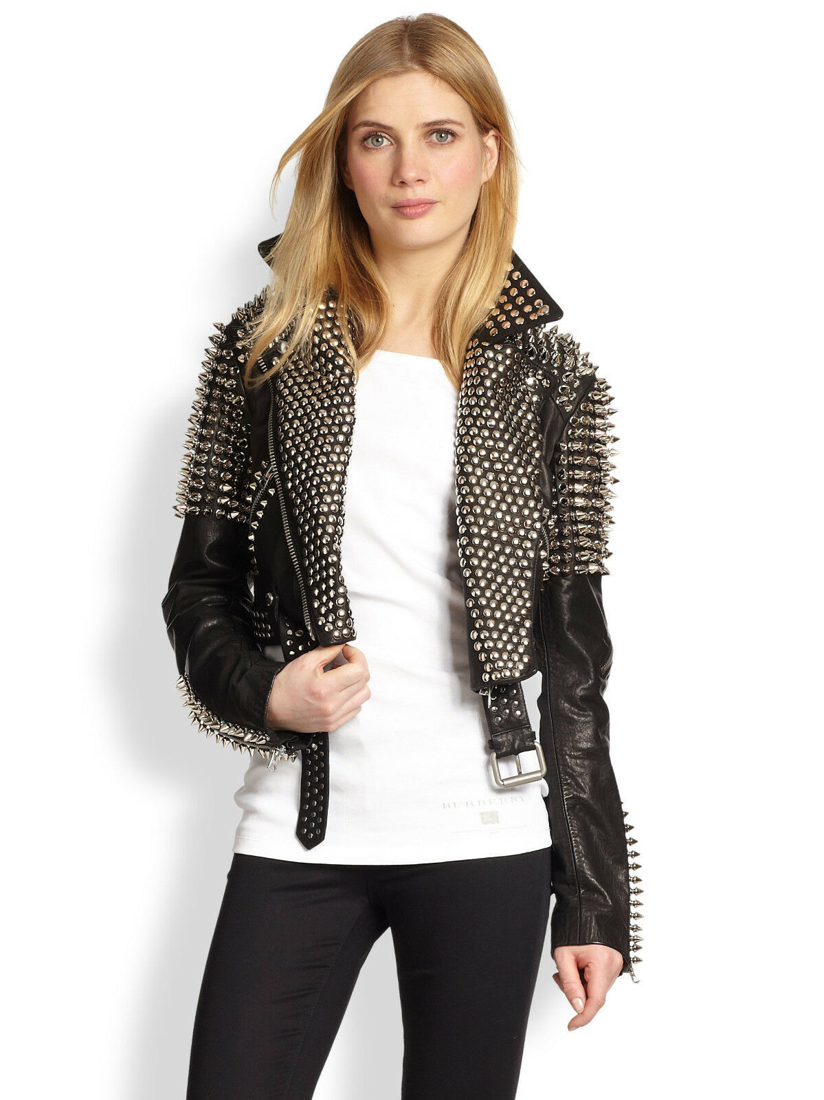 Women's Black Color Genuine Leather Punk Style Long Spike Silver Studded Jacket