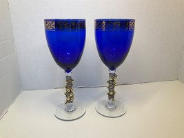 Set Of 2 Cobalt Blue Wine Glasses Clear Stem w/Wire &amp; Beads Accent Goblets - £30.98 GBP