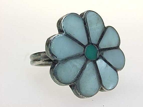 Primary image for Vintage MOTHER of pEARL and TURQUOISE Flower RING in Sterling Silver  Size 5 1/2
