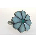 Vintage MOTHER of pEARL and TURQUOISE Flower RING in Sterling Silver  Si... - £39.96 GBP
