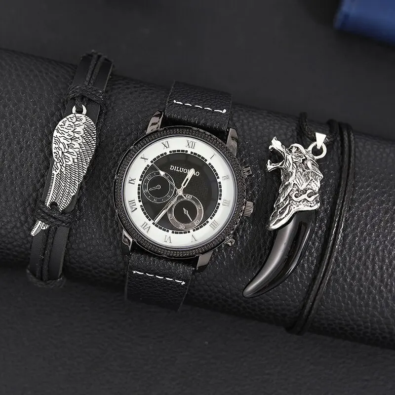 3PCS Set Fashion  Mens Simple  Men Business Stainless Steel Watch Male Neck cele - £80.76 GBP