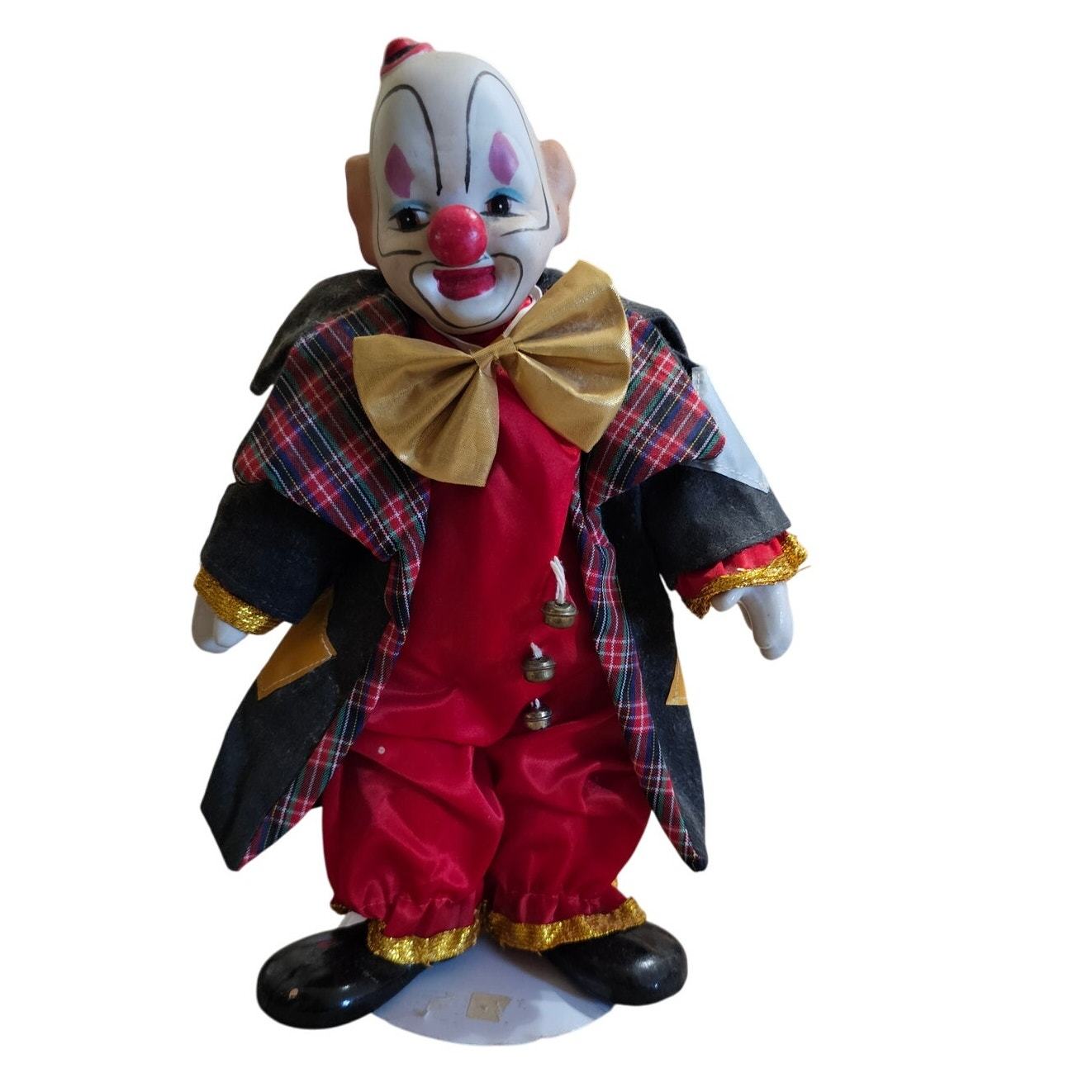 Vtg Haunted  Porcelain Clown Doll w Bells Red, Plaid, &amp; Gold Accents-Col... - $64.99