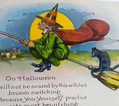Halloween Postcard Green Dress Witch On Broom NYCE Series 363 Vintage Fantasy - £44.67 GBP