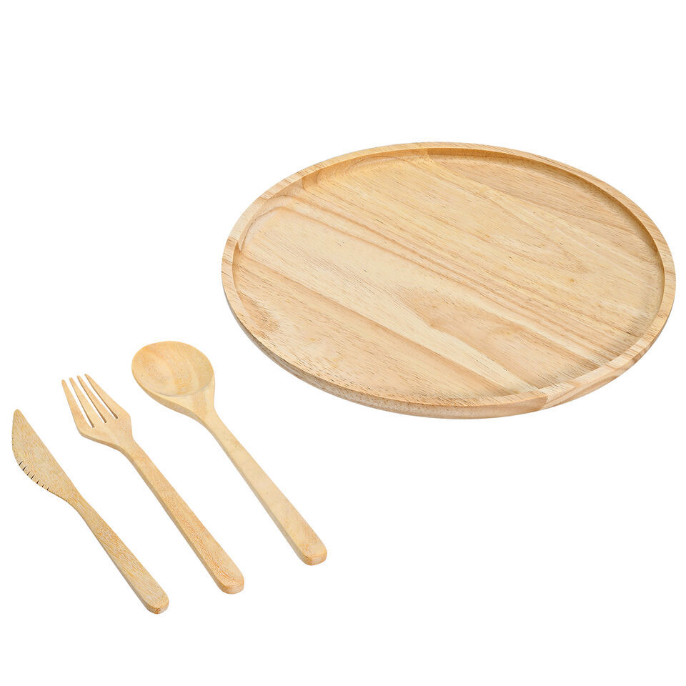 Unique Circle Shaped Plate and Utensils Natural Rubber Tree Wood 4pcs - $22.17