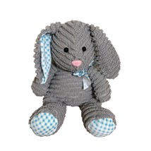 Hug Fun Corduroy Bunny Plush Stuffed Animal Gray Rabbit With Plaid Bow Soft - £10.54 GBP