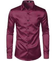 Men&#39;s Burgundy Formal Soft Shiny Long Sleeve Silk-Like Satin Dress Shirt... - $16.82