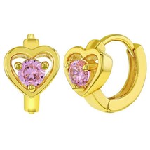 Sparkling Round Pink Sapphire Heart Hoop Huggie Earrings 14K Yellow Gold Plated - £28.01 GBP