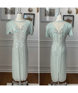 Vintage 80s Lillie Rubin Pastel Green Silk Beaded Sheath Cocktail Dress 4 - $252.00