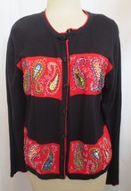 Jack B Quick Black Cardigan Button Front Sz PL Red squares with sequins &amp; beads - £23.98 GBP