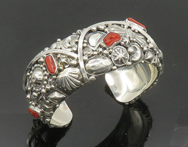 Bernice Bonney Navajo 925 Silver - Vintage Coral Ornate Cuff Bracelet - BT8203 - £290.91 GBP
