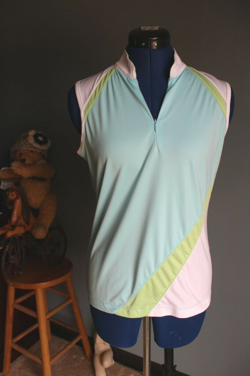 Primary image for Women's Greg Norman Play Dry Blue/White/Green Sleeveless Golf Shirt ~S~ TL101567