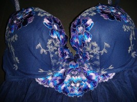 Victoria&#39;s Secret 34B,34C Bra Babydoll Dress Panty Blue Silver Floral Embroider - £55.28 GBP+