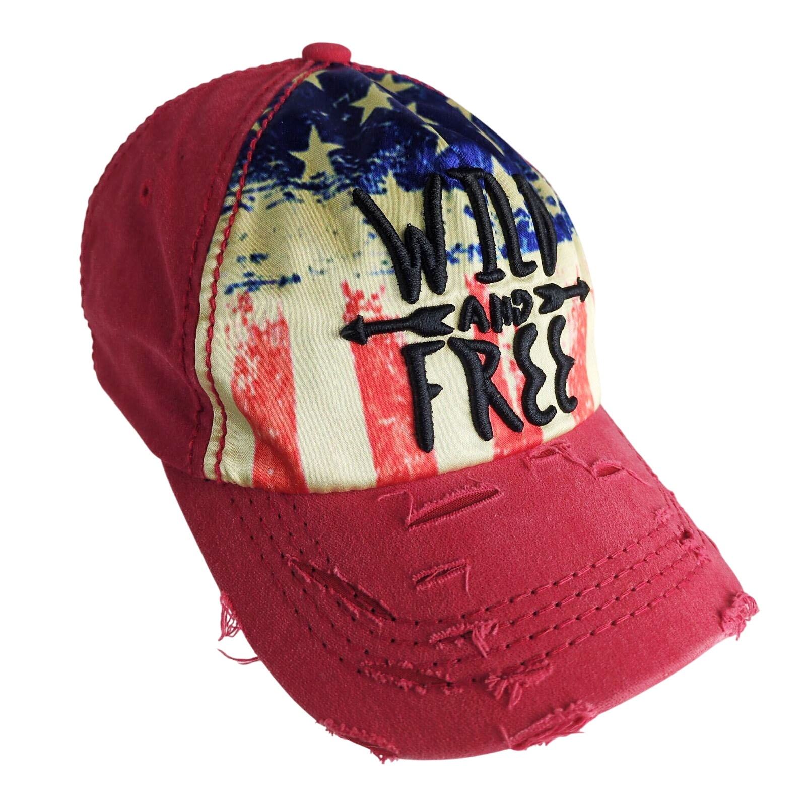 Wild And Free American Flag Distressed Red Baseball Hat Ball Cap 4350 Di... - $19.35