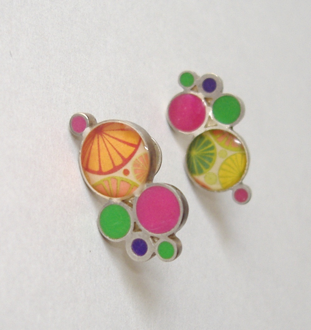 Primary image for Pink Green Handmade Bubble Earrings Abstract Sterling Silver Pierced Post