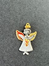 Small Pewter Angel w Goldtone Wings Two Hearts &amp; Halo Pendant or Charm – 0.75 x  - £9.02 GBP