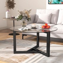 35 Inch Round Glass Modern Coffee Table With Tempered Glass Top And Sturdy Black - £181.19 GBP