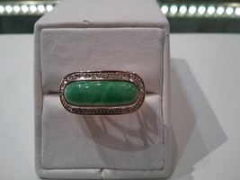 Green Jade And Diamonds In 14k Yellow Gold Ring - £558.66 GBP