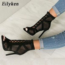 Eilyken New Fashion show Black Net Fabric Cross strap Sexy high heel Sandals Wom - £41.41 GBP